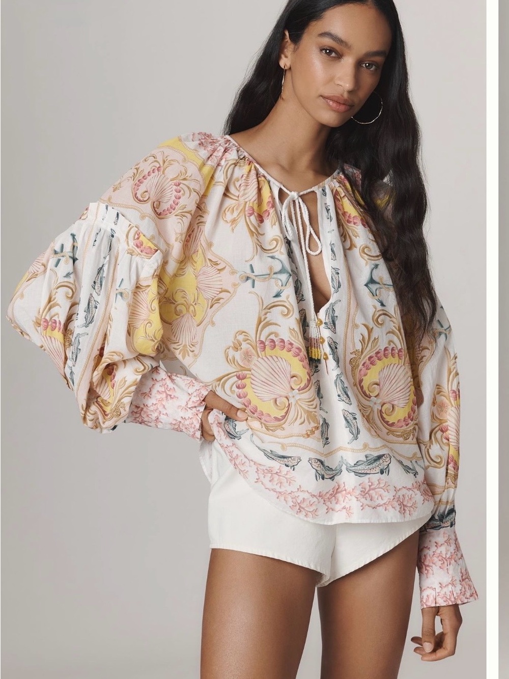 Boho Tie-Neck Peasant Blouse in Cream and Pastel Print